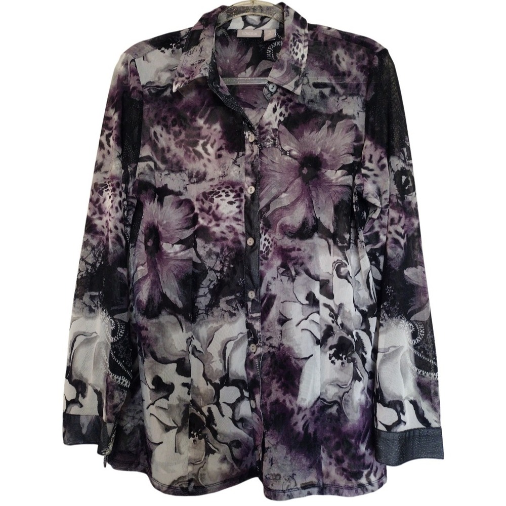 Chicos Mesh Shirt Woman's 2 Multicolor Floral See Through Long Slvs Bohemian